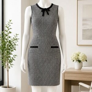 Talbots Womens Dress Houndstooth Sheath Bow Accent Black White 2P